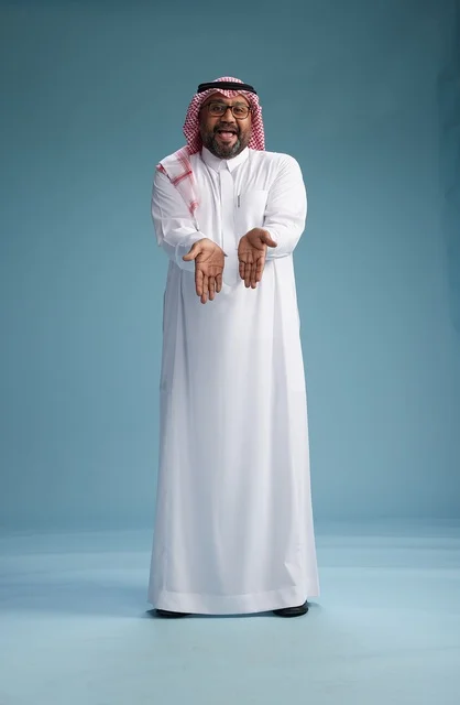 A portrait of an Arab Saudi Gulf man wearing a white thobe and a shemagh, with various gestures and movements, full body, blue background.