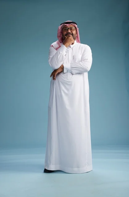 A portrait of an Arab Saudi Gulf man wearing a white thobe and a shemagh, with various gestures and movements, full body, blue background.