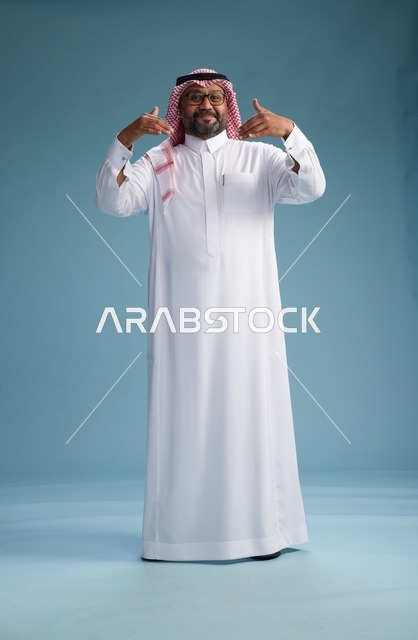 A portrait of an Arab Saudi Gulf man wearing a white thobe and a shemagh, with various gestures and movements, full body, blue background.