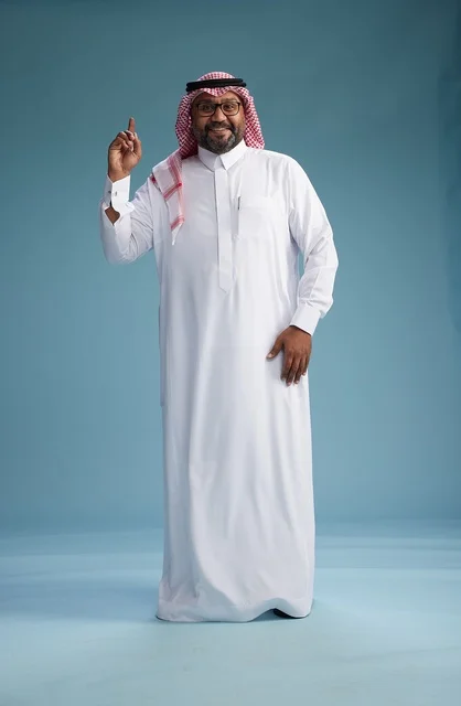 A portrait of an Arab Saudi Gulf man wearing a white thobe and a shemagh, with various gestures and movements, full body, blue background.