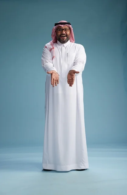 A portrait of an Arab Saudi Gulf man wearing a white thobe and a shemagh, with various gestures and movements, full body, blue background.