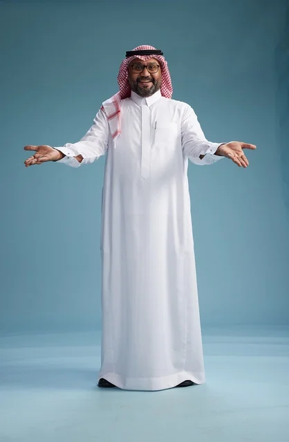 A portrait of an Arab Saudi Gulf man wearing a white thobe and a shemagh, with various gestures and movements, full body, blue background. A portrait of an Arab Saudi Gulf man wearing a white thobe and a shemagh, with various gestures and movements, full body, blue background.