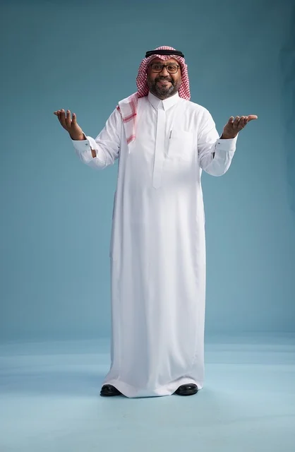 A portrait of an Arab Saudi Gulf man wearing a white thobe and a shemagh, with various gestures and movements, full body, blue background.