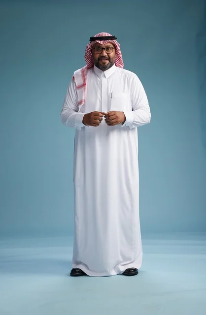A portrait of an Arab Saudi Gulf man wearing a white thobe and a shemagh, with various gestures and movements, full body, blue background.