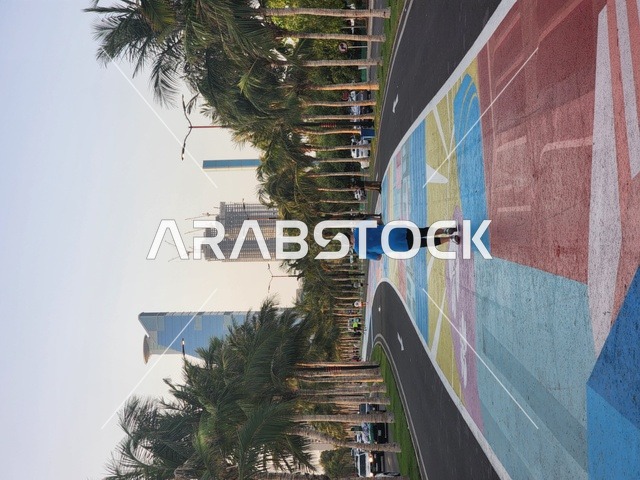 الاهتمام بزراعة اشجار النخيل الخضراء في المدن الساحلية، الواجهة البحرية في مدينة جدة بالمملكة العربية السعودية ، طريق كورنيش جدة, المعالم السياحية المشهورة ، الاستمتاع بجلسات هادئة مطلة على البحر