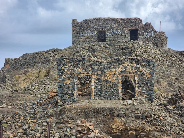 The seven ancient archaeological mosques at the top of the mountain during the day, the architecture in the old style, Islamic and religious sacred places and areas in the Kingdom of Saudi Arabia, the Trench Mosque on Mount Sal' in Medina.