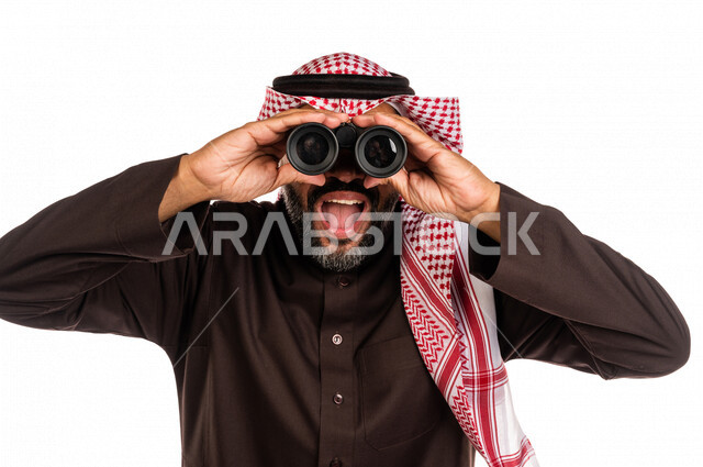 Portrait of a Saudi Arabian Gulf man looking through the lens, facial gestures indicating surprise and wonder, exploration and adventure, scouting team, future vision, future planning, goals and ambitions, white background