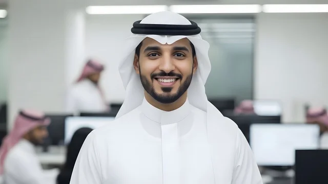 Looking at the camera with expressions of joy, business technology in the United Arab Emirates, a close-up shot of a smiling Emirati employee wearing the kandura and white ghutrah in a modern office, a professional work environment, the concept of perfection and focus.