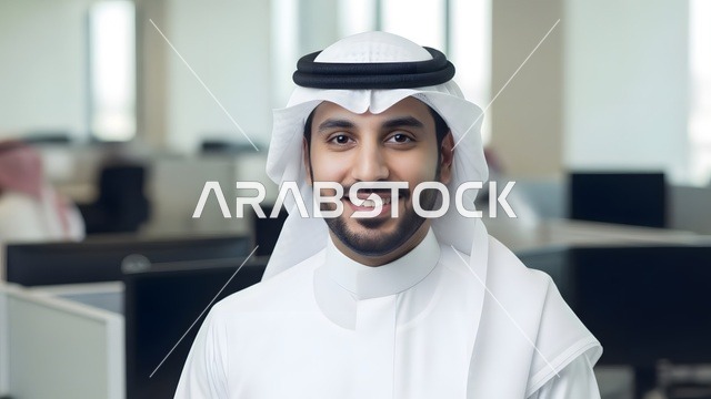 النظر الى الكاميرا بتعابير السرور ، تكنولوجيا الأعمال في الامارات العربيه المتحده، تصوير مقرب لموظف امارتي مبتسم يرتدي الكندورة والغترة البيضاء في مكتب عصري، بيئة عمل احترافية، مفهوم الإتقان والتركيز
