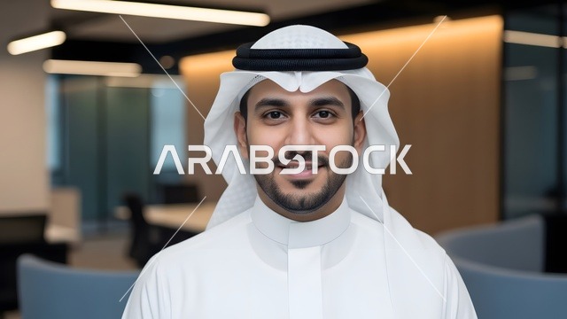 النظر الى الكاميرا بتعابير السرور ، تكنولوجيا الأعمال في الامارات العربيه المتحده، تصوير مقرب لموظف امارتي مبتسم يرتدي الكندورة والغترة البيضاء في مكتب عصري، بيئة عمل احترافية، مفهوم الإتقان والتركيز