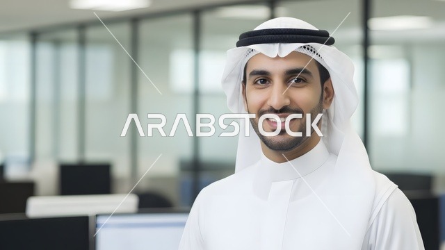 Looking at the camera with expressions of joy, business technology in the United Arab Emirates, a close-up shot of a smiling Emirati employee wearing the kandura and white ghutrah in a modern office, a professional work environment, the concept of perfection and focus.