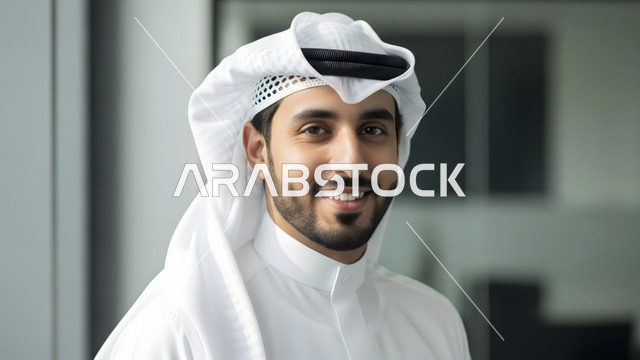 النظر الى الكاميرا بتعابير السرور ، تكنولوجيا الأعمال في الامارات العربيه المتحده، تصوير مقرب لموظف امارتي مبتسم يرتدي الكندورة والغترة البيضاء في مكتب عصري، بيئة عمل احترافية، مفهوم الإتقان والتركيز