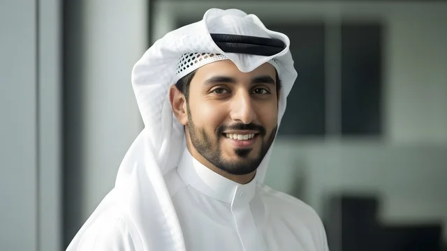 النظر الى الكاميرا بتعابير السرور ، تكنولوجيا الأعمال في الامارات العربيه المتحده، تصوير مقرب لموظف امارتي مبتسم يرتدي الكندورة والغترة البيضاء في مكتب عصري، بيئة عمل احترافية، مفهوم الإتقان والتركيز