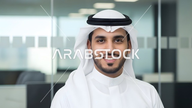 النظر الى الكاميرا بتعابير السرور ، تكنولوجيا الأعمال في الامارات العربيه المتحده، تصوير مقرب لموظف امارتي مبتسم يرتدي الكندورة والغترة البيضاء في مكتب عصري، بيئة عمل احترافية، مفهوم الإتقان والتركيز