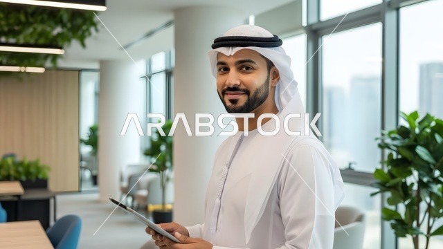 النظر الى الكاميرا بتعابير السرور ، تكنولوجيا الأعمال في الامارات العربيه المتحده، تصوير مقرب لموظف اماراتي مبتسم يرتدي الكندورة والغترة البيضاء  يمسك بيده جهاز التابلت في مكتب عصري، بيئة عمل احترافية، مفهوم الإتقان والتركيز