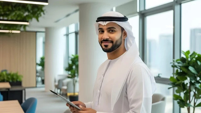 Looking at the camera with expressions of joy, business technology in the United Arab Emirates, a close-up shot of a smiling Emirati employee wearing a kandura and a white ghutrah holding a tablet in a modern office, a professional work environment, the concept of perfection and focus.
