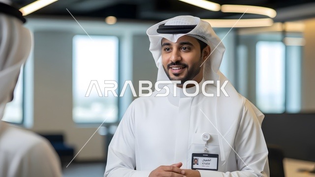 تكنولوجيا الأعمال في الامارات العربيه المتحده، تصوير مقرب لموظف اماراتي مبتسم يرتدي الكندورة والغترة البيضاء  يتحدث مع زميل عمل في مكتب عصري، بيئة عمل احترافية، النظر الى الكاميرا بتعابير السرور ، مفهوم الإتقان والتركيز