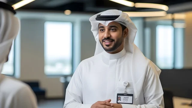 Business technology in the United Arab Emirates, a close-up of a smiling Emirati employee wearing a kandura and a white ghutrah talking to a colleague in a modern office, a professional work environment, looking at the camera with expressions of joy, the concept of mastery and focus.