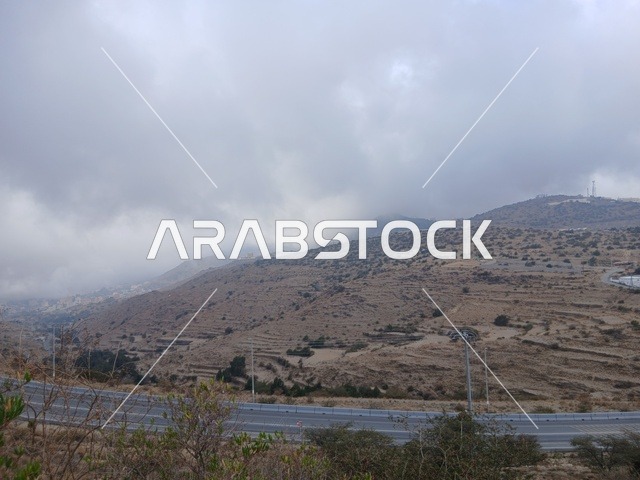 البيوت السكنية والطرقات المهيئة في المدينة، المعالم السياحية التاريخية المشهورة، منطقة الباحة في قرية ذي العين الأثرية جنوب المملكة العربية السعودية، الأشجار والنباتات الخضراء المحيطة بالقرية على المرتفعات والقمم الجبلية
