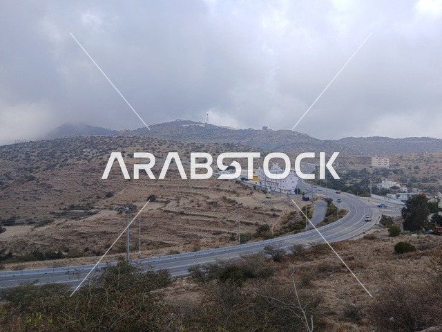 البيوت السكنية والطرقات المهيئة في المدينة، المعالم السياحية التاريخية المشهورة، منطقة الباحة في قرية ذي العين الأثرية جنوب المملكة العربية السعودية، الأشجار والنباتات الخضراء المحيطة بالقرية على المرتفعات والقمم الجبلية