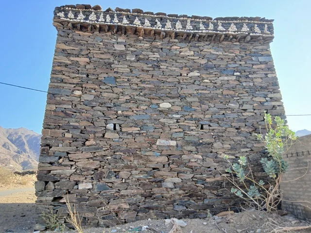 النباتات الخضراء حول البيوت والمباني الحجرية الأثرية في منطقة الحجرة، الأماكن والمعالم السياحية المشهورة في المملكة العربية السعودية، المناطق الجبلية المرتفعة، الفن الهندسي المعماري على الطراز القديم