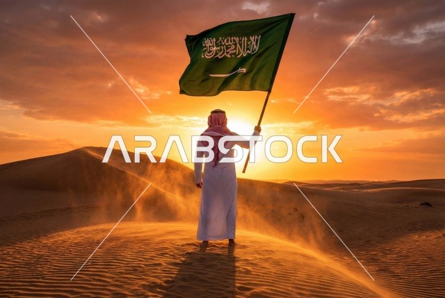 يوم العلم السعودي 11 مارس, إحياء ذكرى اليوم الوطني السعودي 23 سبتمبر، إيماءات الفخر و السرور بالانتماء للوطن, رجل عربي سعودي يرتدي الشماغ والثوب التقليدي يحمل بيده علم المملكة، يوم بدينا 1727 م ، خلفية شروق الشمس في الصحراء
