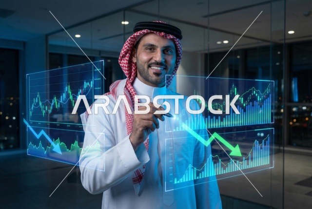 رسوم بيانية إحصائية للبورصة المالية بتقنية الهولوجرام ثلاثية الأبعاد، التجاره الإلكترونيه الرقمية، رجل اعمال عربي سعودي يقوم بمتابعة مؤشرات الأسهم ومخططات الإستثمار المالي, النمو والتطور في المجال الاقتصادي في السعودية