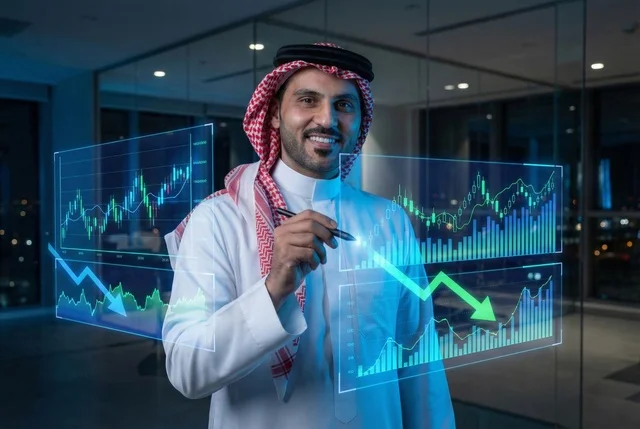 رسوم بيانية إحصائية للبورصة المالية بتقنية الهولوجرام ثلاثية الأبعاد، التجاره الإلكترونيه الرقمية، رجل اعمال عربي سعودي يقوم بمتابعة مؤشرات الأسهم ومخططات الإستثمار المالي, النمو والتطور في المجال الاقتصادي في السعودية