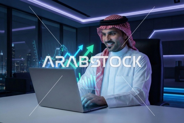 Statistical charts for the financial stock market using 3D hologram technology, digital e-commerce, an Arab Saudi businessman monitoring stock indices and financial investment charts through a modern technical device, growth and development in the economic field in Saudi Arabia.