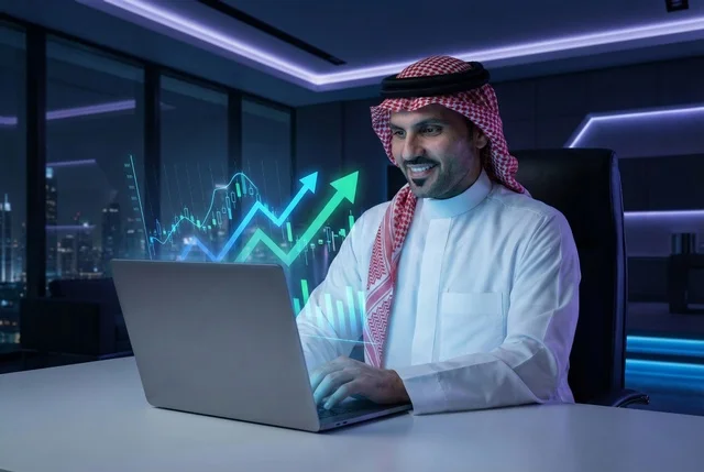 Statistical charts for the financial stock market using 3D hologram technology, digital e-commerce, an Arab Saudi businessman monitoring stock indices and financial investment charts through a modern technical device, growth and development in the economic field in Saudi Arabia.