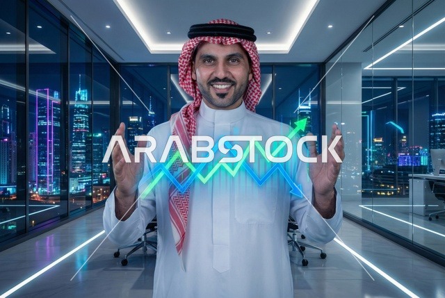 رسوم بيانية إحصائية للبورصة المالية بتقنية الهولوجرام ثلاثية الأبعاد، التجاره الإلكترونيه الرقمية، رجل اعمال عربي سعودي يقوم بمتابعة مؤشرات الأسهم ومخططات الإستثمار المالي, النمو والتطور في المجال الاقتصادي في السعودية