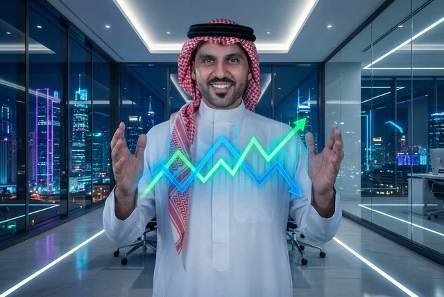 Statistical charts for the financial stock market using 3D hologram technology, digital e-commerce, an Arab Saudi businessman monitoring stock indices and financial investment charts, growth and development in the economic field in Saudi Arabia.