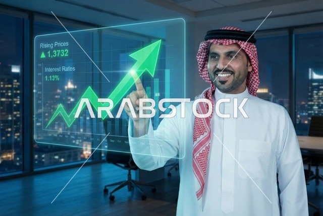 رسوم بيانية إحصائية للبورصة المالية بتقنية الهولوجرام ثلاثية الأبعاد، التجاره الإلكترونيه الرقمية، رجل اعمال عربي سعودي يقوم بمتابعة مؤشرات الأسهم ومخططات الإستثمار المالي, النمو والتطور في المجال الاقتصادي في السعودية