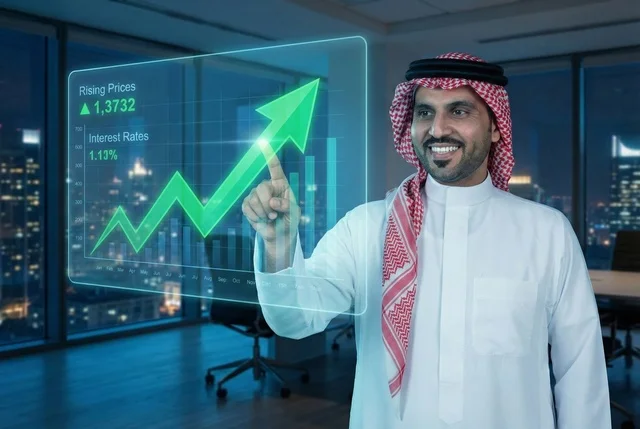 Statistical charts for the financial stock market using 3D hologram technology, digital e-commerce, an Arab Saudi businessman monitoring stock indices and financial investment charts, growth and development in the economic field in Saudi Arabia.