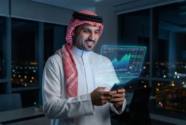 Statistical charts for the financial stock market using 3D hologram technology, digital e-commerce, an Arab Saudi businessman monitoring stock indices and financial investment charts through a modern technical device, growth and development in the economic field in Saudi Arabia.