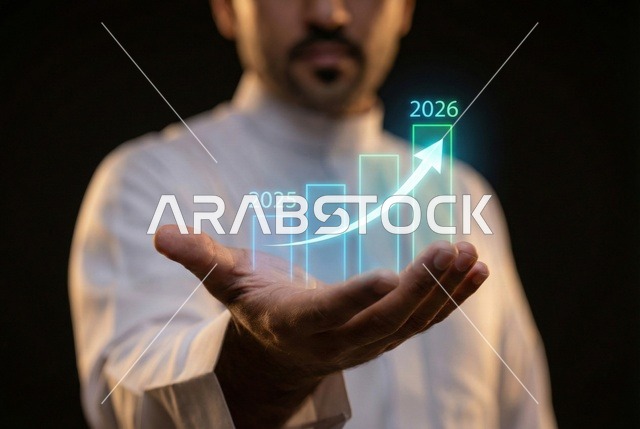رسوم بيانية إحصائية للبورصة المالية بتقنية الهولوجرام ثلاثية الأبعاد، التجاره الإلكترونيه الرقمية، رجل اعمال عربي سعودي يقوم بمتابعة مؤشرات الأسهم ومخططات الإستثمار المالي, النمو والتطور في المجال الاقتصادي في السعودية
