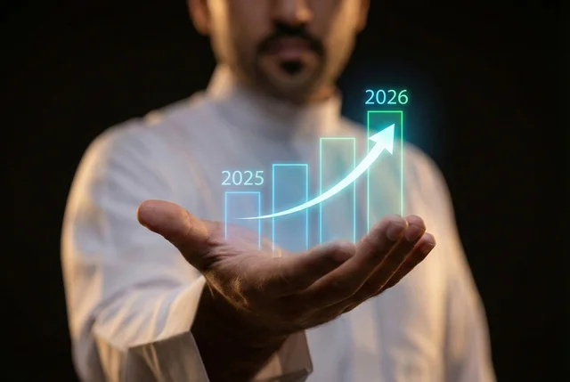 Statistical charts for the financial stock market using 3D hologram technology, digital e-commerce, an Arab Saudi businessman monitoring stock indices and financial investment charts, growth and development in the economic field in Saudi Arabia.