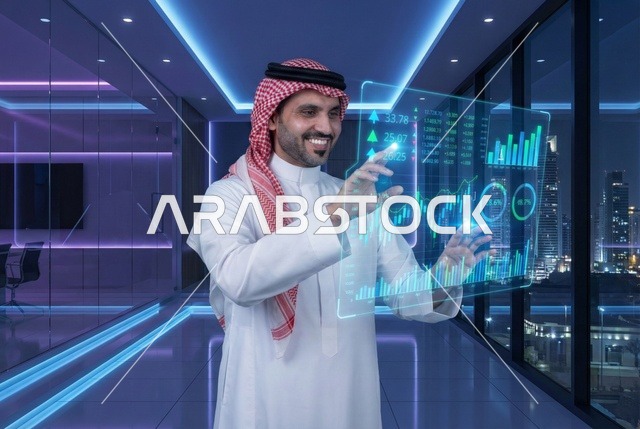 رسوم بيانية إحصائية للبورصة المالية بتقنية الهولوجرام ثلاثية الأبعاد، التجاره الإلكترونيه الرقمية، رجل اعمال عربي سعودي يقوم بمتابعة مؤشرات الأسهم ومخططات الإستثمار المالي ، النمو والتطور في المجال الاقتصادي في السعودية