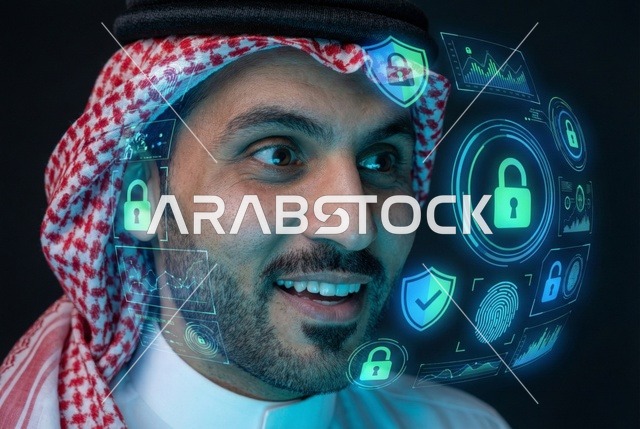 أيقونات الحواسيب وشبكات الانترنت، تطوير برامج قفل الشاشة، الحفاظ على البيانات الشخصية للمستخدمين، مفهوم امن التكنولوجيا المعلومات، رجل عربي خليجي سعودي يعرض أيقونة قفل الأمان المضيئة باستخدام خاصية الهولوجرام ثلاثي الابعاد