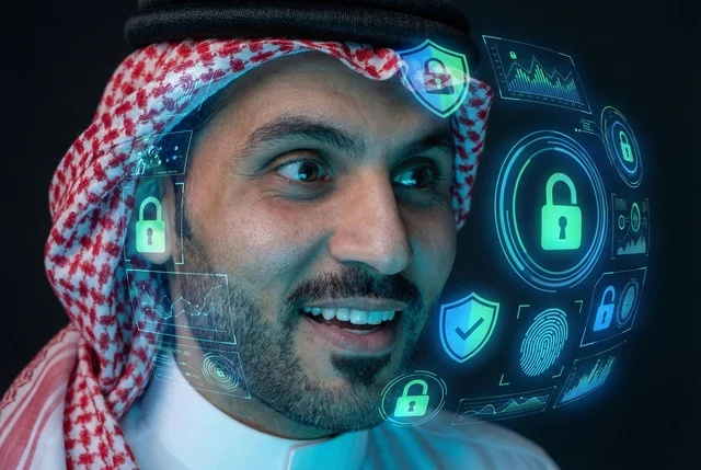 أيقونات الحواسيب وشبكات الانترنت، تطوير برامج قفل الشاشة، الحفاظ على البيانات الشخصية للمستخدمين، مفهوم امن التكنولوجيا المعلومات، رجل عربي خليجي سعودي يعرض أيقونة قفل الأمان المضيئة باستخدام خاصية الهولوجرام ثلاثي الابعاد