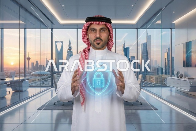أيقونات الحواسيب وشبكات الانترنت، تطوير برامج قفل الشاشة، الحفاظ على البيانات الشخصية للمستخدمين، مفهوم امن التكنولوجيا المعلومات، رجل عربي خليجي سعودي يعرض أيقونة قفل الأمان المضيئة باستخدام خاصية الهولوجرام ثلاثي الابعاد