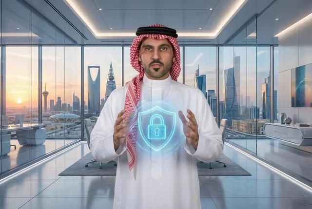 أيقونات الحواسيب وشبكات الانترنت، تطوير برامج قفل الشاشة، الحفاظ على البيانات الشخصية للمستخدمين، مفهوم امن التكنولوجيا المعلومات، رجل عربي خليجي سعودي يعرض أيقونة قفل الأمان المضيئة باستخدام خاصية الهولوجرام ثلاثي الابعاد