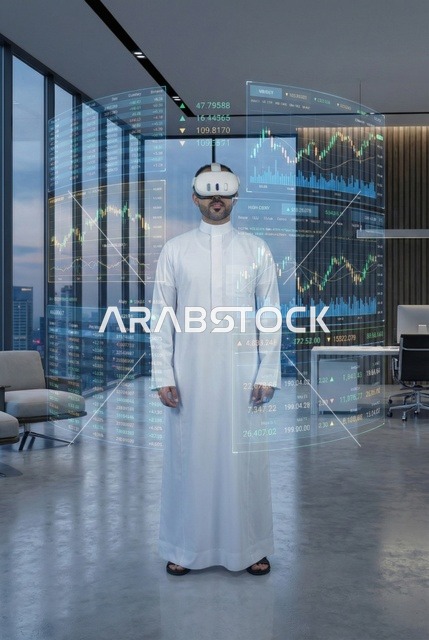 رسوم بيانية إحصائية للبورصة المالية بتقنية الهولوجرام ثلاثية الأبعاد، التجاره الإلكترونيه الرقمية، رجل اعمال عربي سعودي يقوم بمتابعة مؤشرات الأسهم ومخططات الإستثمار المالي, النمو والتطور في المجال الاقتصادي في السعودية