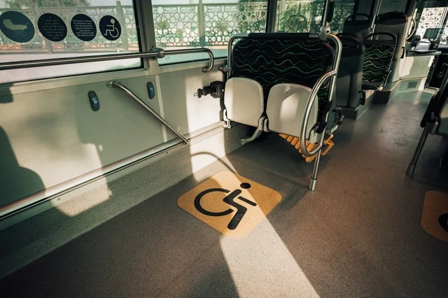 Makkah Transport Buses, a luxury bus with a modern design in Makkah, a transportation stop during the day, providing transportation for citizens in the Kingdom of Saudi Arabia.