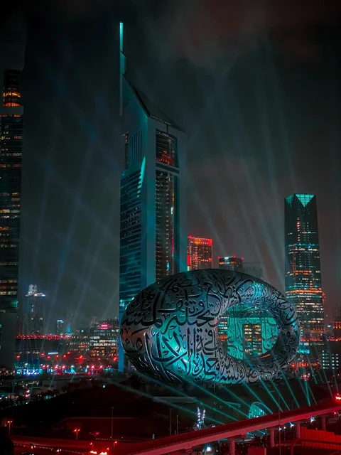 The Museum of the Future building in the Emirate of Dubai, famous landmarks and tourist attractions in the United Arab Emirates, the architectural engineering art of modern-style towers and skyscrapers, distinctive designs and decorations.