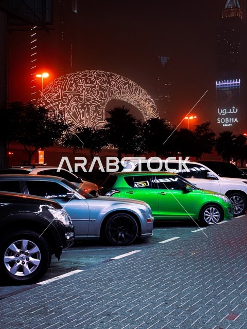 وقوف السيارات امام مبنى متحف المستقبل في إمارة دبي، معالم وأماكن سياحية مشهورة في الإمارات العربيه المتحده، الفن الهندسي المعماري للأبراج وناطحات السحاب على الطراز الحديث، التصاميم والديكورات المتميزة