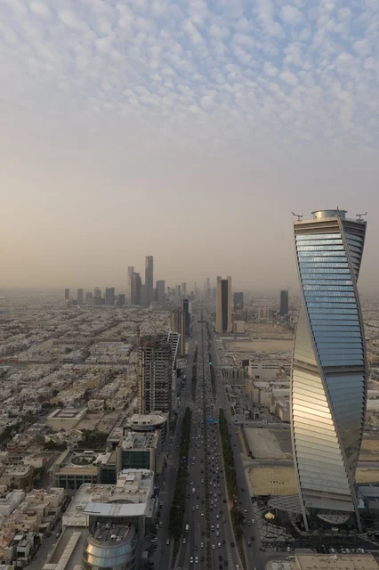 The architectural art of towers and skyscrapers in the capital, the illuminated towers of Riyadh at sunset, the development and urban progress of facilities in the Kingdom of Saudi Arabia, attractions that draw and attract tourists from all over the world, and architectural designs in a modern and advanced style.