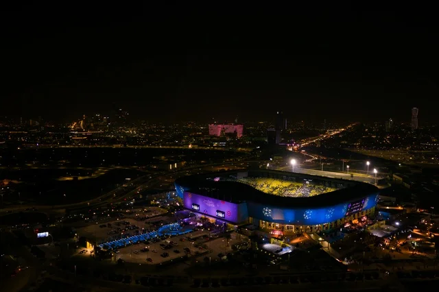 Aerial drone footage of Al-Awwal Park Stadium in Riyadh, Saudi Arabia, a modern multi-purpose sports facility for major matches and sporting events, featuring contemporary architectural design and advanced amenities, a prominent sports and entertainment destination in the capital.