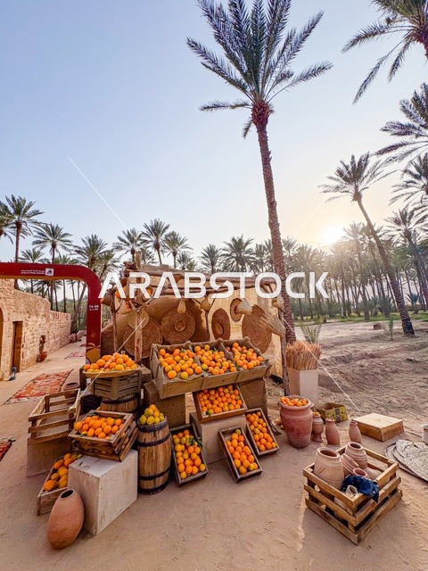 ثمار الحمضيات الطبيعية الناضجة ذات الفوائد العالية، المزارع والواحات الخصبة في البلدة القديمة بالعلا، منتجات وطنية محلية، المناظر الطبيعية المتميزة في المملكة العربية السعودية، محمية طبيعية لزراعة الاشجار