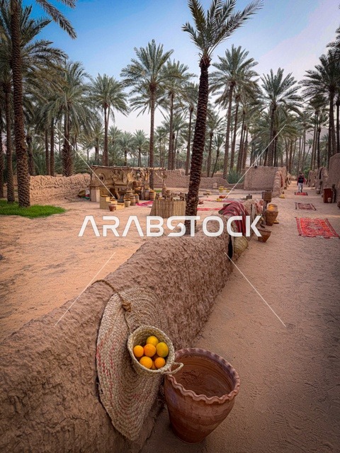 ثمار الحمضيات الطبيعية الناضجة ذات الفوائد العالية، المزارع والواحات الخصبة في البلدة القديمة بالعلا، منتجات وطنية محلية، المناظر الطبيعية المتميزة في المملكة العربية السعودية، محمية طبيعية لزراعة الاشجار